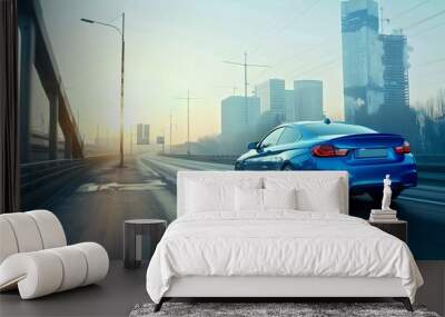 Sleek blue car cruising on a bridge at dawn, city skyline ahead, modern urban transport scene with a sense of movement and technology. AI Wall mural