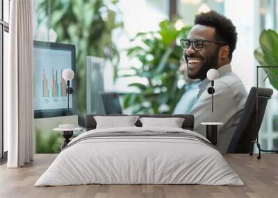 Smiling businessman at work in a bright modern office space. professional working on computer. illustration of productivity. AI Wall mural