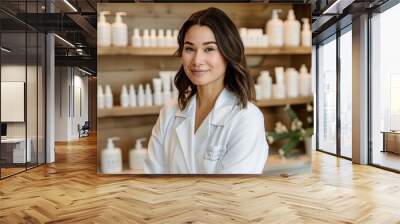 Smiling professional in a white lab coat standing confidently in a skincare clinic. Wooden shelves with various bottles in the background add warmth and professionalism to the setting. AI Wall mural