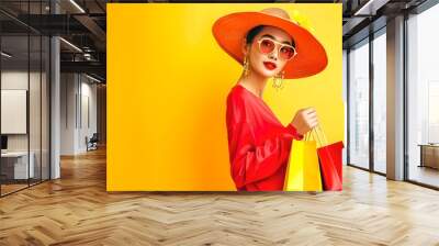 Stylish Woman with Shopping Bags Flaunting Fashion on Yellow Background. Trendy Outfit, Summer Shopping Spree. AI Wall mural