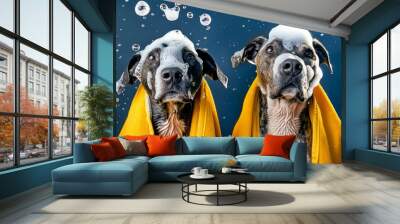 Two adorable dogs wrapped in bright yellow towels with bubbles around them create a playful scene. This fun image captures their unique personalities and joy. Perfect for pet lovers. AI Wall mural