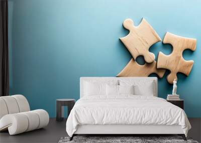 Two connected jigsaw puzzle pieces on blue background. concept of connection, solution, and teamwork. minimalist style. AI Wall mural