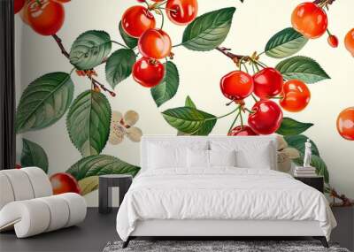 Vibrant Cherry Illustration Seamless Pattern. Perfect for fabric designs, wallpaper or kitchen decor. The style includes detailed leaves and cherries combination giving a fresh and bright look. AI Wall mural