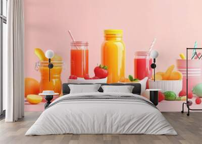 Vibrant drinks and fresh fruits arranged beautifully. This image captures the essence of summer with colorful shades and a joyful atmosphere. Perfect for health and lifestyle themes. AI Wall mural