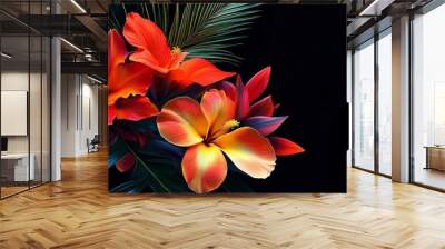 Vibrant tropical flowers bloom in rich hues of red and orange against a dark backdrop. This image captures the beauty of nature and elegant floral design.  Wall mural