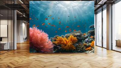 Vibrant underwater seascape with sun rays and colorful coral. marine life ecosystem in panoramic view. ideal for nature backgrounds. AI Wall mural