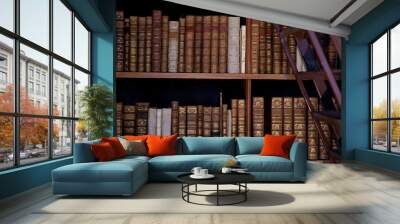 Vienna, Austria, October 2023: Old bookcase with the leather-bound book covers in State Hall of Austrian National Library Wall mural