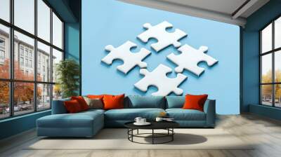 White puzzle pieces on blue background symbolizing connection and strategy. minimalist design for business concepts. ideal for team-building events. AI Wall mural