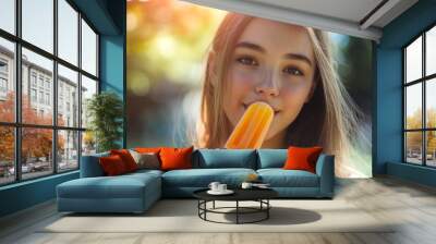 Young girl enjoying an orange popsicle on a sunny day. Bright and joyful moment captured in nature. Perfect for promoting summer products, food and beverage brands, or lifestyle blogs. AI Wall mural