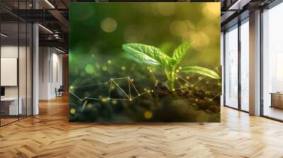 Young plant sprouting with vitality in fertile soil against a backdrop of golden sunlight. symbol of growth and eco-friendliness. perfect for nature themes. AI Wall mural