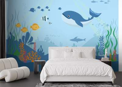 Underwater life. Fish swim in the ocean The beauty of the underwater world. Wall mural