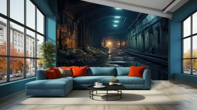 Urban abandoned dark tunnel dirty mine subway railway station wallpaper background Wall mural