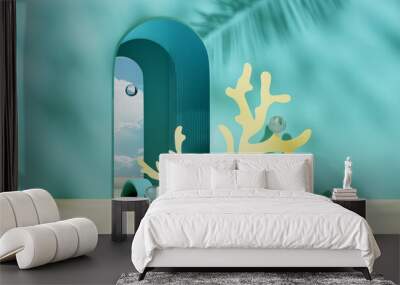 3d background with arches, glass balls and seaweed, cloud and blue background in arch, rendering with podium and minimal scene, minimal 3d product display background. Stage 3d rendering Wall mural