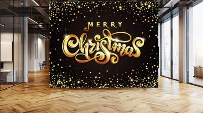 Vector Golden text Merry Christmas on black background with falling gold stars, galaxies. Glitter glow confetti Wall mural