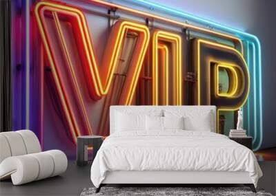 Vibrant neon sign with vip on a wall, casting colorful reflections on the floor, creating a vibrant atmosphere ideal for clubs and parties Wall mural