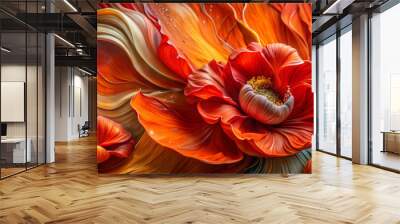 Vibrant red flowers with flowing petals in a fluid abstract style and artistic expression Wall mural