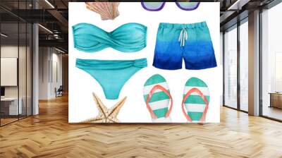 Set of watercolor illustrations of the beach accessories: swimsuit, shorts, sunglasses, slippers, starfish, shell Wall mural