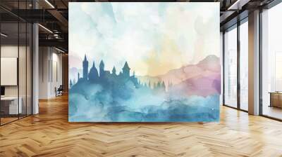 watercolor background illustration fantasy castle in the mountains Wall mural