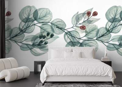 Watercolor  floral illustration, dusty red and blue berries with transparent petals, seamless border,. Hand drawn watercolor illustration on a white background  Wall mural