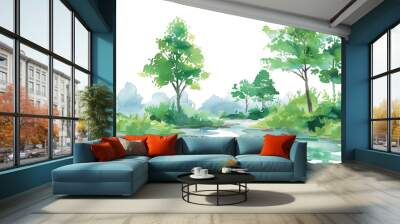 watercolor illustration background landscape green forest with water Wall mural