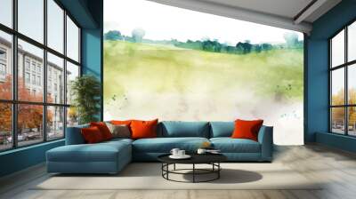 watercolor illustration background landscape with grass and mountains Wall mural