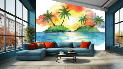 watercolor illustration tropical island with palm trees Wall mural