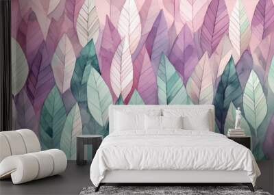 Watercolor leaves pattern background, mauve and forest green colors Wall mural