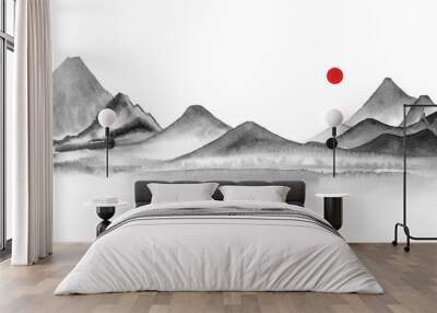 Watercolor mountains in fog hand drawn in sumi-e style in traditional japanese painting on white background. Natural landscape, tranquility, zen. Black and white illustration and red sun. Wall mural