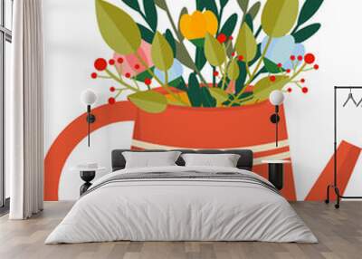 Watering can with spring flowers inside Wall mural