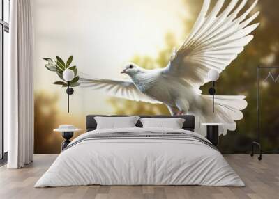 White dove of peace with green olive branch is a symbol of peace and freedom. Stop war and military attack. World peace concept. Flying bird.. Wall mural