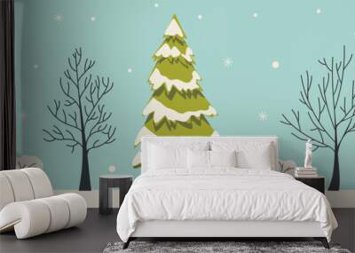 Winter trees in snow, no leaves in flat vector illustration isolated on color background. Set of different trees and bushes for christmas. Trees covered with snow caps, bare trees, snowflakes Wall mural