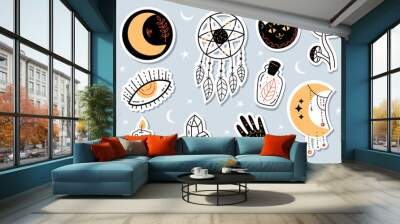 Witchcraft magic tarot mystic esoteric witch stickers decor doodle outline sketch design element abstract line art set Wall mural