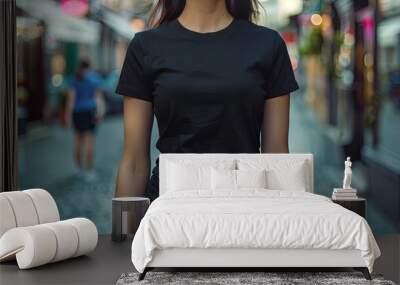 Woman in black empty t-shirt mock up wallpaper background Wall mural