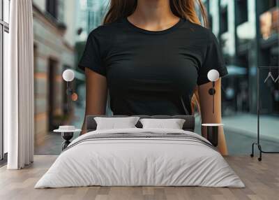 Woman in black empty t-shirt mock up wallpaper background Wall mural