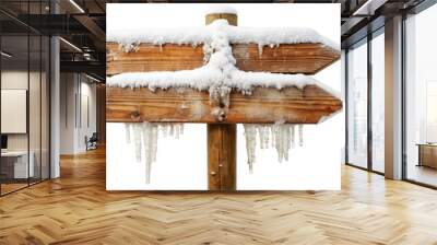 Wooden signpost covered in snow with icicles in a winter landscape. Generative AI Wall mural