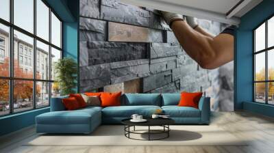 Worker placing ceramic wall tiles wallpaper background Wall mural