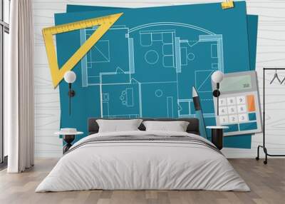 Workplace - technical project architect house plan blueprint. Construction background. Wall mural