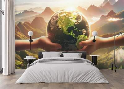 World environment Day concept. Child hand's who is holding carry the World. Protect our globe. Copy space. Wall mural