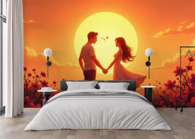 Young couple in love holding hands against a romantic sunset background with flowers Wall mural