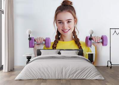 Young slim woman with a smile holding dumbbells on an isolated white background with copy space. A sporty girl in a yellow T-shirt does exercises with two dumbbells. Healthy lifestyle concept, fitness Wall mural