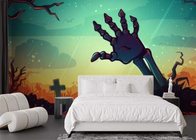 Zombie hand arm go out from cemetery ground grave wallpaper background Wall mural