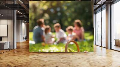 Family picnic in sunny park with fresh fruits and vegetables in basket Wall mural