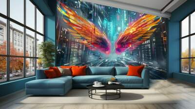 Fiery wings in neon cyber city illustration. Artistic depiction of burning wings in a digital metropolis. Colorful wings concept in a futuristic urban setting. Wall mural