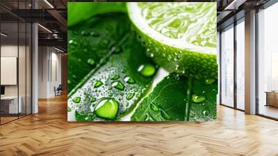 Fresh lime slice and green leaves with water droplets close-up. Vibrant green lime and foliage with dew for natural freshness. Citrus lime segment and lush leaves with sparkling water droplets. Wall mural