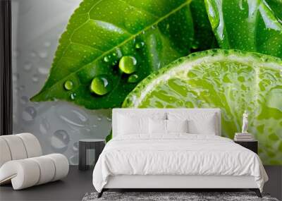 Fresh lime with leaf and water droplets for natural refreshment. Close-up of green citrus fruit for healthy lifestyle. Vibrant lime and leaf with dew for invigorating background. Wall mural