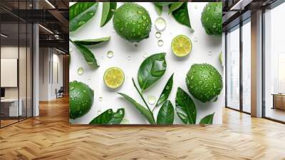 Hydrated lime fruits and leaves top view on white. Fresh green limes with water drops for refreshing recipes. Juicy citrus fruits with vivid leaves for a natural background. Wall mural