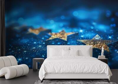 Magical blue night sky with sparkling golden stars and glitter Wall mural