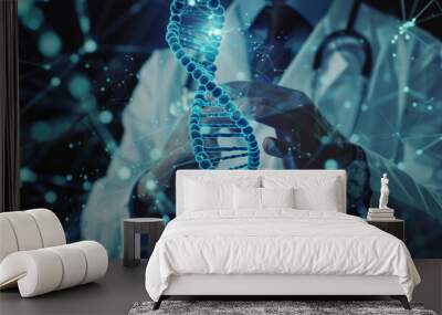 Medical professional analyzing DNA structure hologram. Advanced genomic study and gene editing concept. High-tech scientific research in genetics with space for text. Wall mural