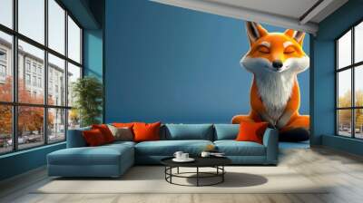 Meditative fox character sitting in a peaceful posture against a blue background. Digital illustration in 3D rendering. Mindfulness and tranquility concept. Wall mural