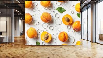 Ripe apricots with water drops on white surface. Halved apricots revealing juicy interior. Fresh stone fruit with visible texture and moisture detail. Wall mural